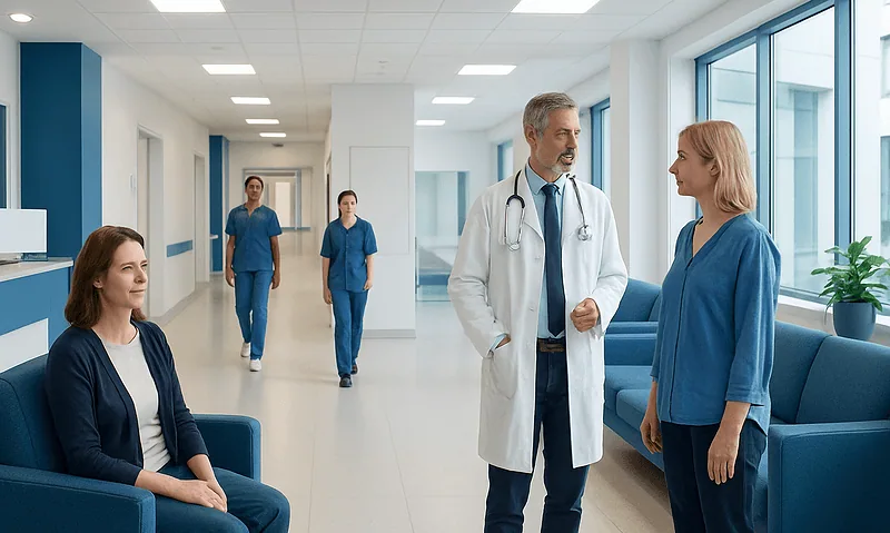 Healthcare professionals and patient in hospital corridor at Acibadem Hospitals.