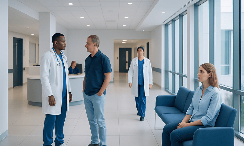 Medical professionals and patient in hospital corridor at Acibadem Hospitals Group.