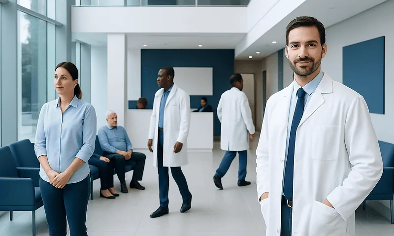 Healthcare professionals in a modern hospital lobby with patients and staff.