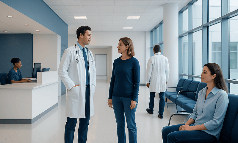 Doctor talking to a patient in a modern hospital corridor.