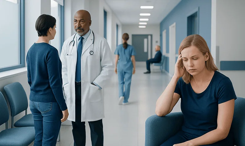 Patient experiencing headache in hospital corridor with doctor and nurse nearby.