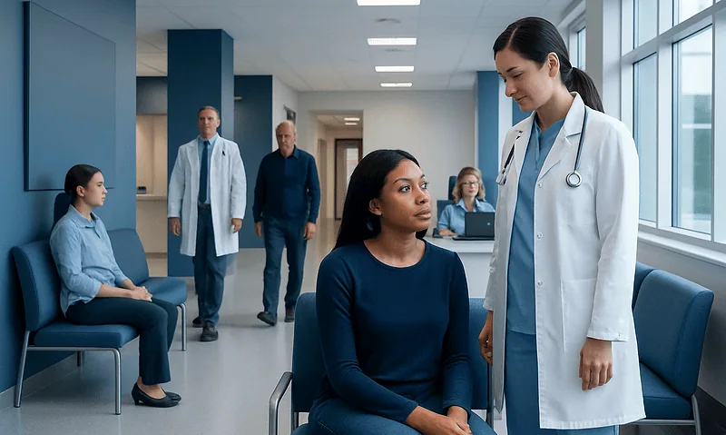 Doctor consulting a patient in a hospital corridor with staff and waiting patients.