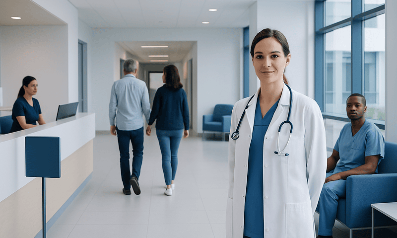 Healthcare professional in a hospital corridor at Acibadem Hospitals Group.
