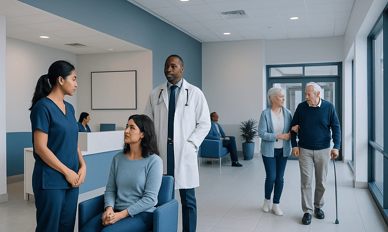 Healthcare professionals consulting with elderly patients in a modern hospital lobby.
