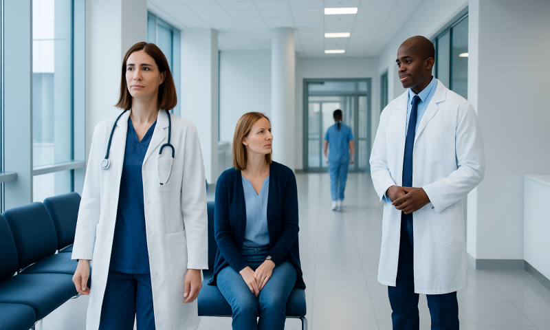 Medical team in hospital corridor with patient and doctors.