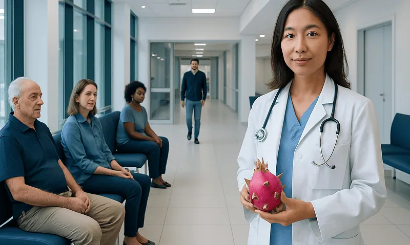 Doctor holding a dragon fruit in a hospital corridor with patients waiting.