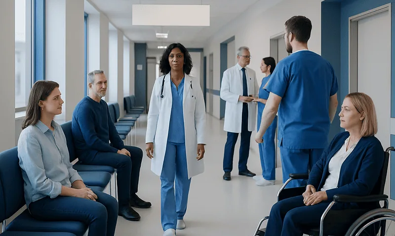Medical team in hospital corridor with patients and staff.