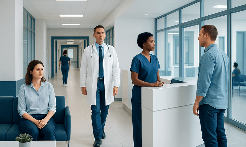 Hospital reception area with medical staff and patient in modern healthcare facility.