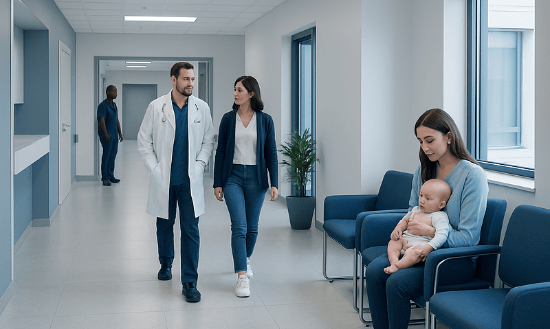 Healthcare professionals and a mother with a baby in a hospital corridor.
