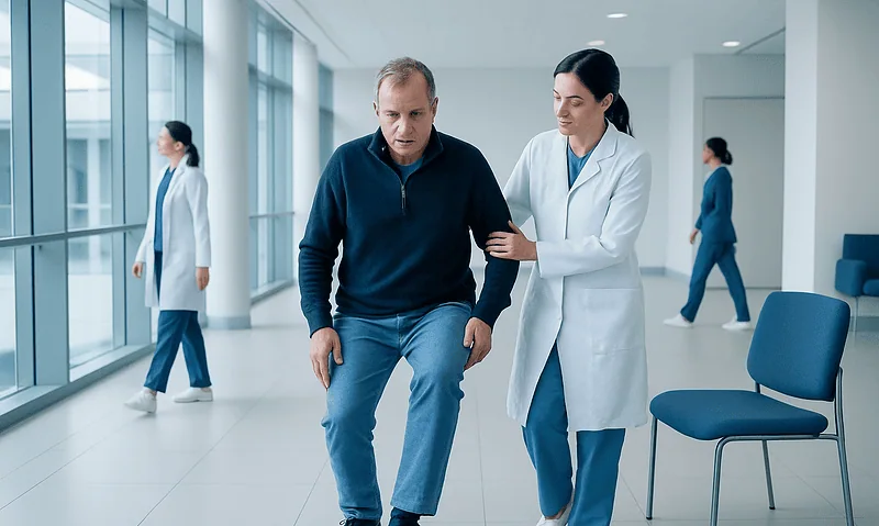 Patient receiving assistance from a healthcare professional in a hospital corridor.
