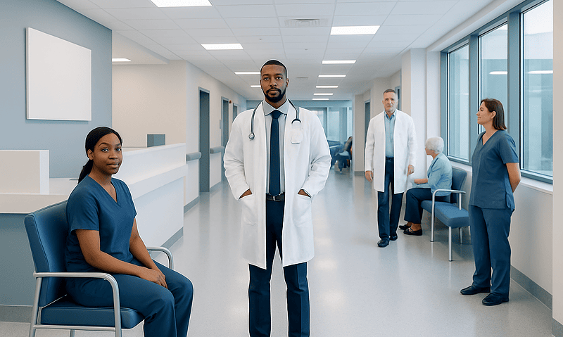 Diverse medical team in hospital corridor with patients and staff.