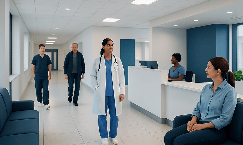 Drospirenone: An Evidence-Based Guide for Patients 4 Healthcare professionals and patients in a modern hospital corridor.