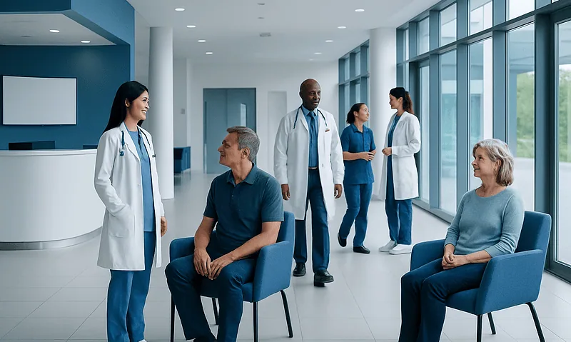 Medical professionals consulting with patients in a modern hospital corridor.