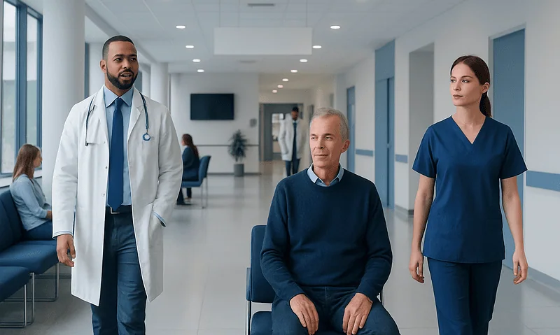 Doctor and nurse with patient in hospital corridor.