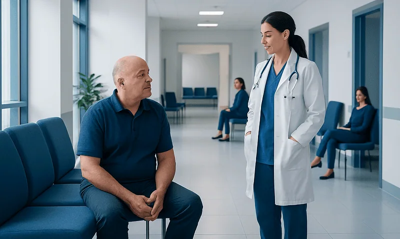 Doctor talking to patient in hospital corridor with other patients in background.