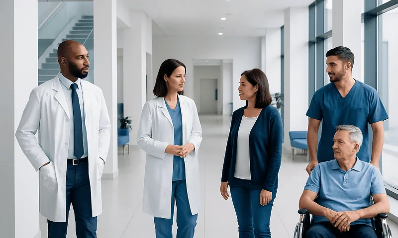 Medical team discussing patient care in hospital corridor.