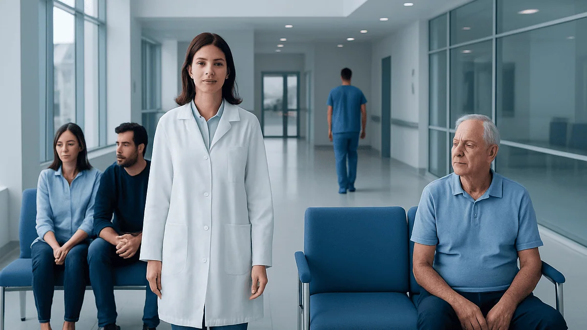Healthcare professionals and patients in a modern hospital corridor.