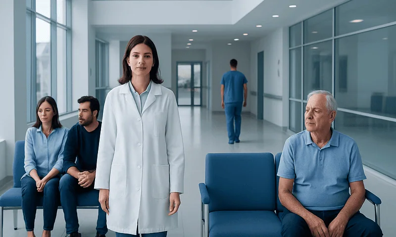 Drugs Xarelto: An Evidence-Based Guide for Patients 7 Healthcare professionals and patients in a modern hospital corridor.