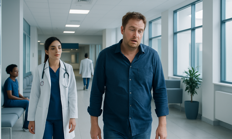 Patient appears distressed in hospital corridor with medical staff nearby.