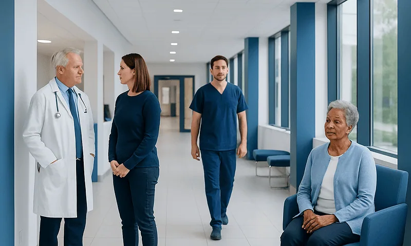 Medical team consulting with elderly patient in hospital corridor.