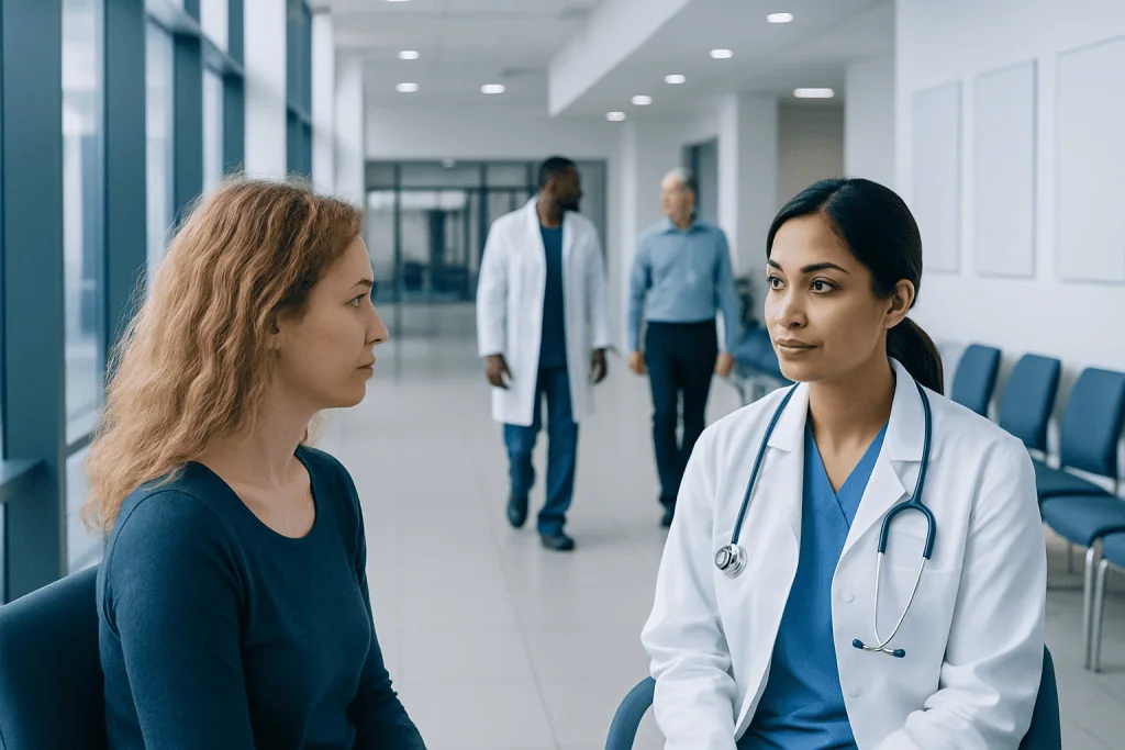 Understanding Dry Hair Treatment: A Complete Patient Guide 1 Doctor consulting with a patient in a hospital corridor.