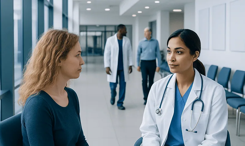 Doctor consulting with a patient in a hospital corridor.