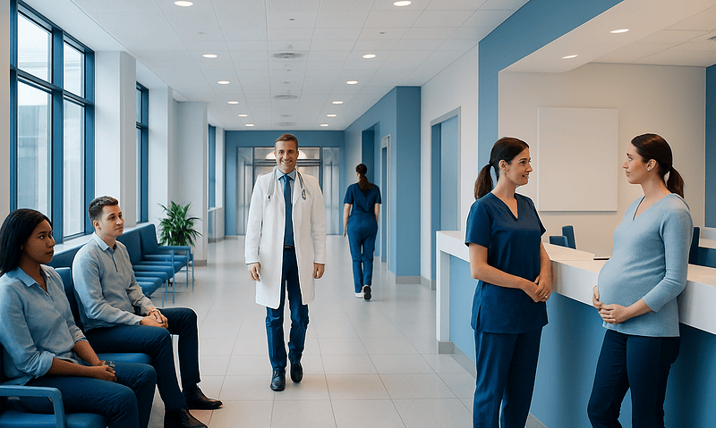Healthcare professionals and patients in a modern hospital corridor.