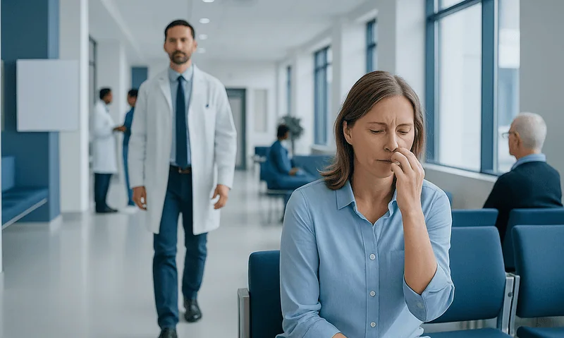 Woman with dry nose in hospital waiting area, doctor approaching.