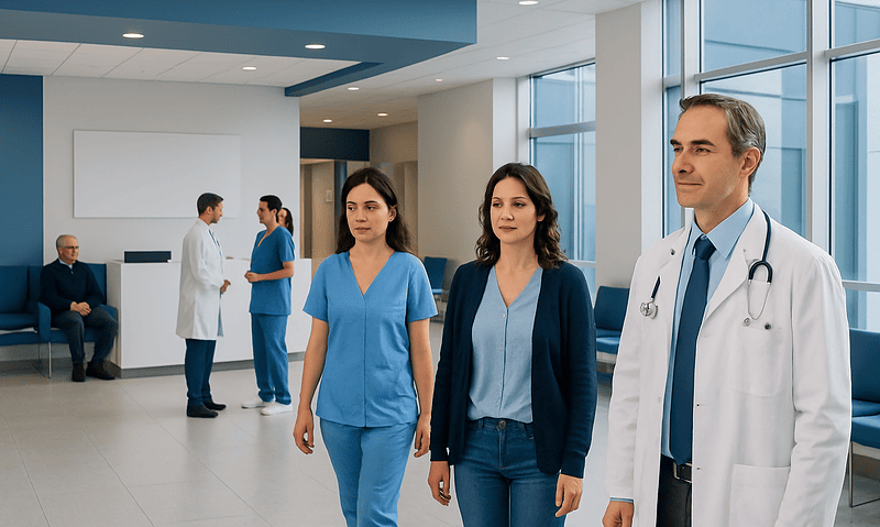 Medical team walking in a modern hospital corridor with doctors and nurses.