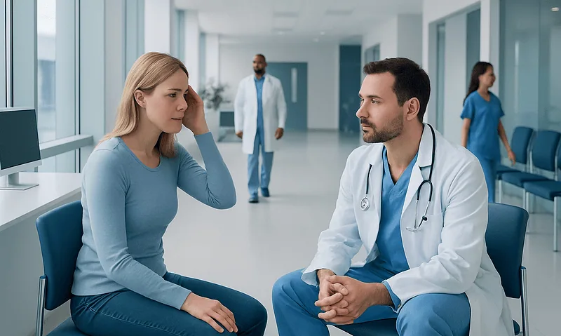 Doctor consulting a patient in a hospital corridor.