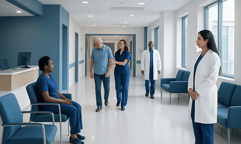 Hospital corridor with medical staff and patient in a modern healthcare facility.