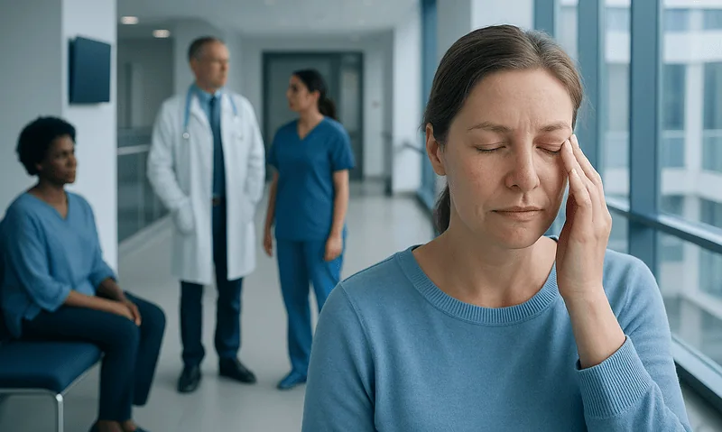 Woman experiencing eye discomfort in a hospital setting with medical staff nearby.