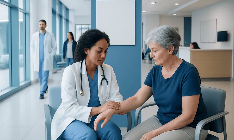 Doctor examining elderly patient's arm in hospital corridor.