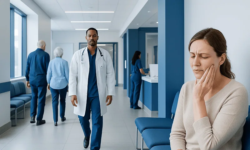 Patient with tooth pain in hospital corridor with medical staff nearby.