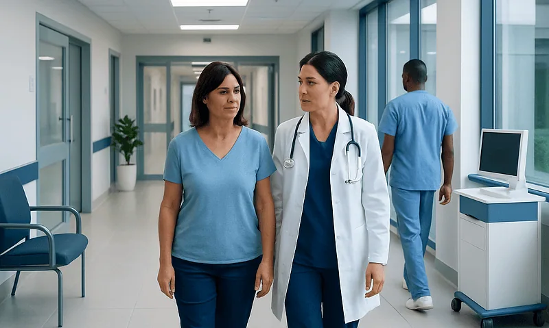 Healthcare professionals walking in a hospital corridor.