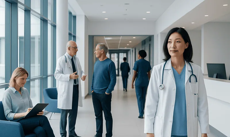 Medical professionals and patients in a modern hospital corridor.