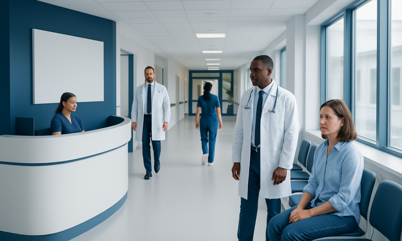 Duane Syndrome: Early Signs, Risk Factors, and How It Is Treated 12 Medical staff in hospital corridor with patients and doctors.