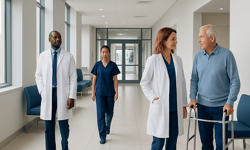 Medical team walking in hospital corridor at Acibadem Hospitals Group.