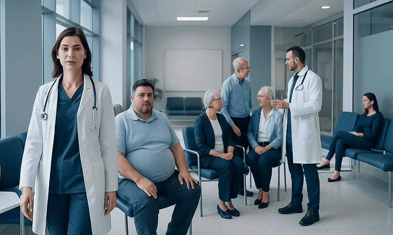 Medical team consulting with patients in a hospital waiting area.