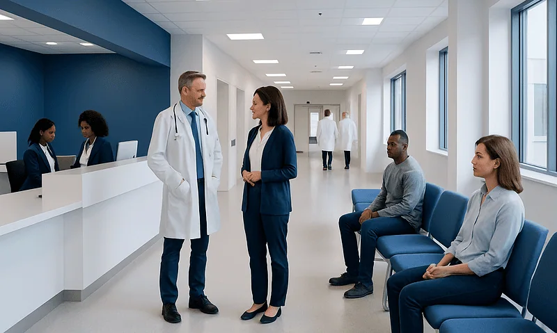 Medical consultation in a modern hospital corridor with patients and staff.