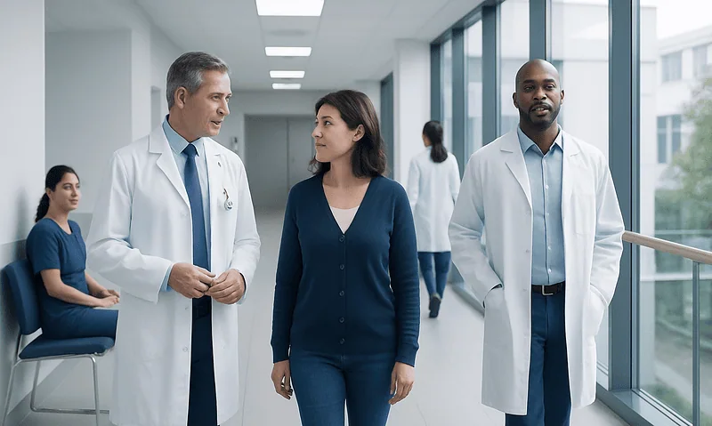 Medical professionals and a patient walking in a hospital corridor.