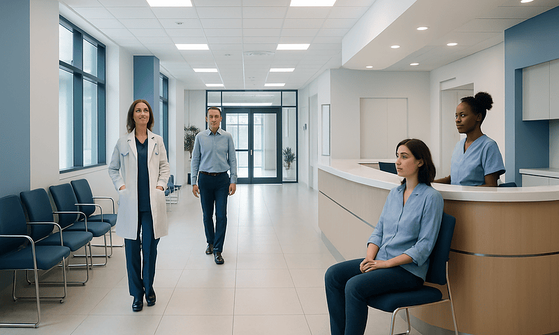 Modern hospital waiting area with medical staff and patients.