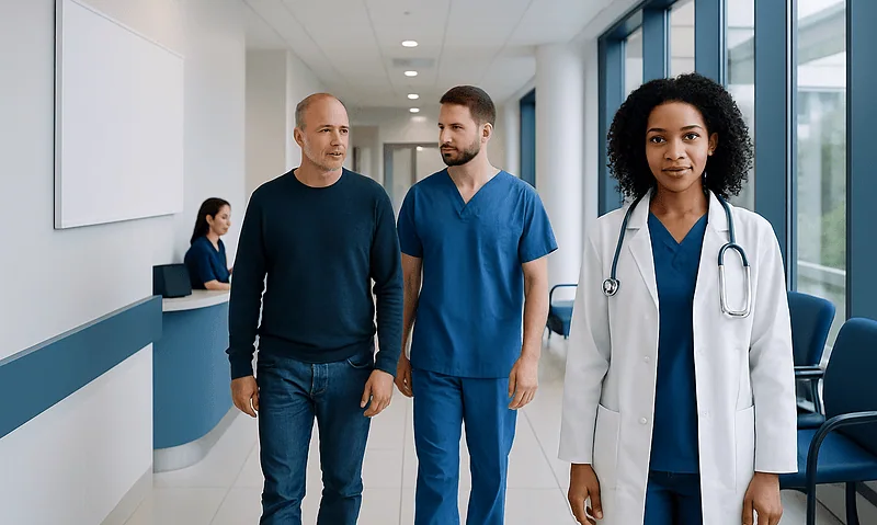 Medical professionals and patient in a hospital corridor at Acibadem Hospitals Group.