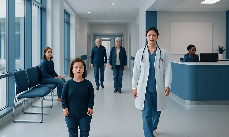 Medical professionals and patients in a modern hospital corridor.