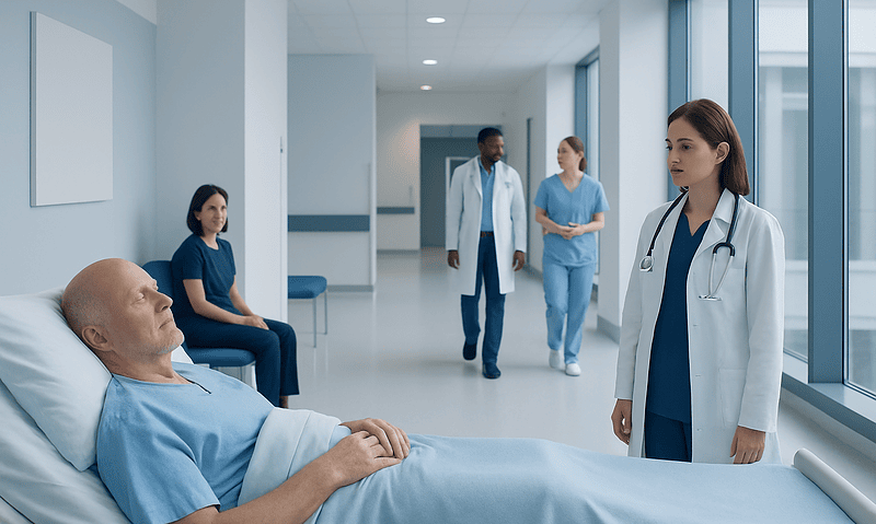 Hospital room with patient and medical staff discussing care options.