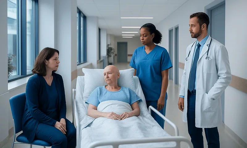 Medical team consulting a patient in a hospital room.