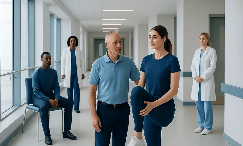 Dynamic Stretching — Explained by Medical Evidence, Not Myths 7 Medical professionals in hospital corridor during patient consultation.