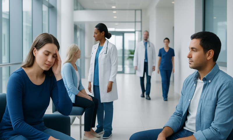 Dysautonomia — Explained by Medical Evidence, Not Myths 5 Patients waiting in a hospital corridor with medical staff nearby.