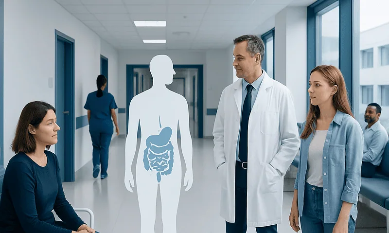 Understanding Dysbiosis: A Complete Patient Guide 17 Doctor discussing gut health with patients in a hospital corridor.