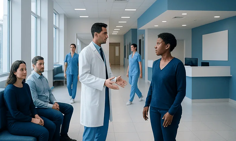 Doctor consulting patient in hospital corridor with medical staff in background.